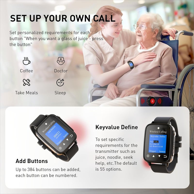 CallToU Wireless Caregiver Pager Call Button for Patient Nurse Alert System for Elderly Monitoring 1000ft Waterproof Call Bell for Home 1 Receiver Wrist Pager 5 SOS Call Buttons - Image 4